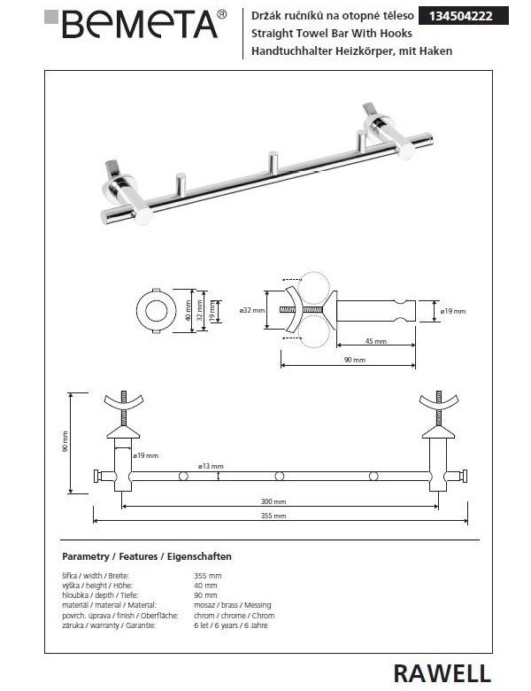 RAWELL gancio 3 ganci in cromo per radiatore 35,5x4x9 cm