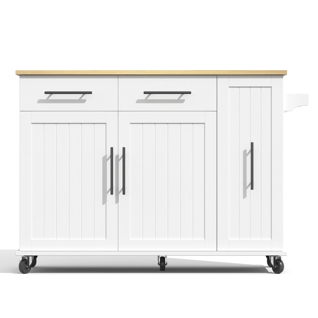 Isola da Cucina Mobile 120x40/65x90 cm Bianca e Legno con Organizer Estraibile, 2 Cassetti e 5 Ruote