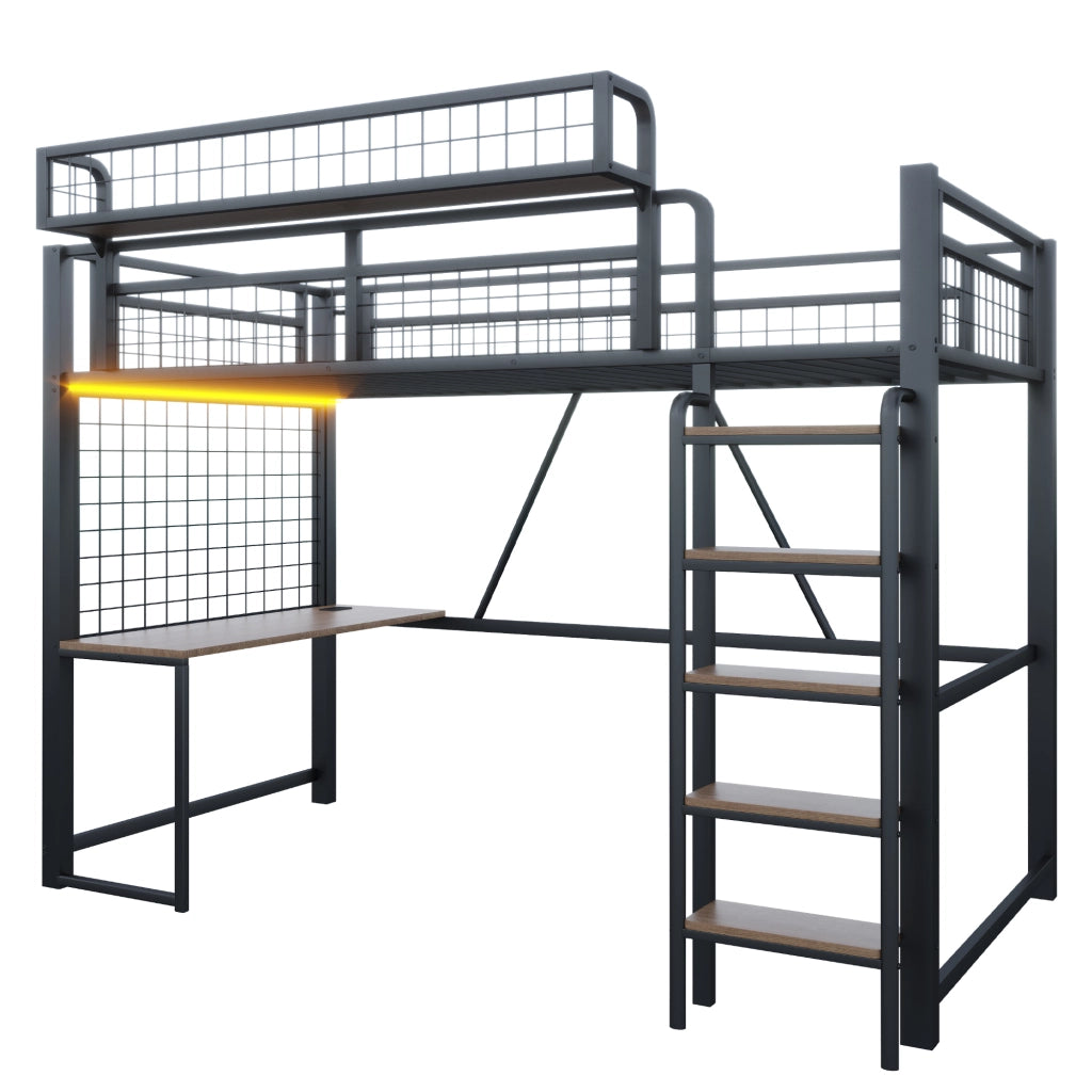 Letto a soppalco 90 × 200 cm con scrivania, rete portaoggetti, LED e presa, senza materasso, in metallo, nero