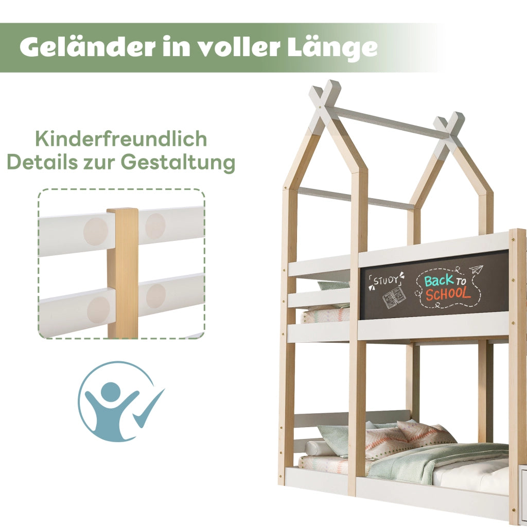 Letto a Castello 90x200 cm con Lavagna; Contenitore nella Scala e Sponda Bianca