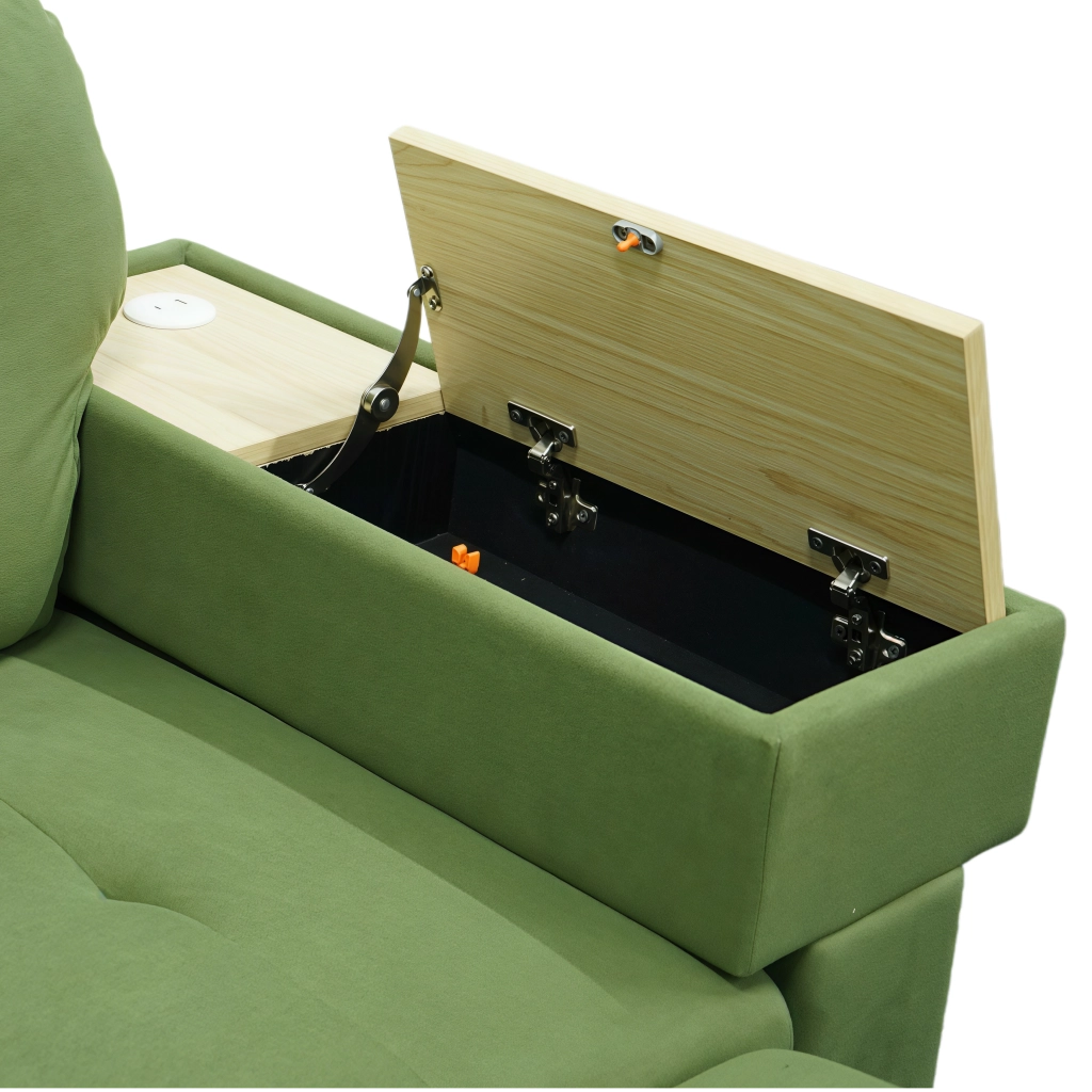 Divano angolare modulare a L con chaise longue estraibile, spazio contenitore e porte USB, in velluto verde per soggiorno