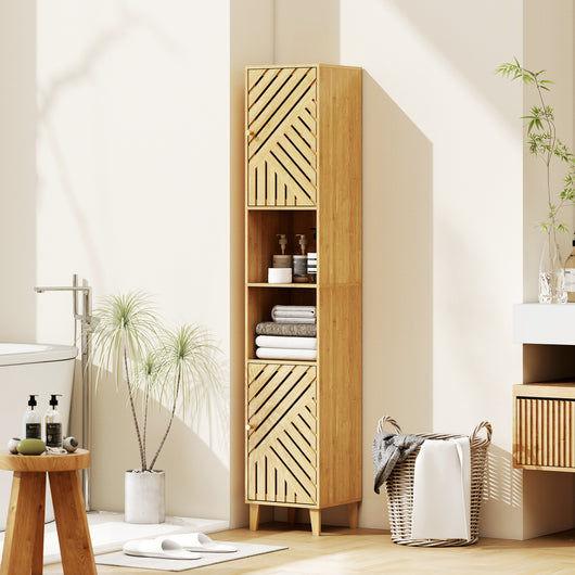 Mobile a Colonna Bagno 32x30x170 cm Ante Listellate Ventilate in Bambù e Truciolato Color Legno