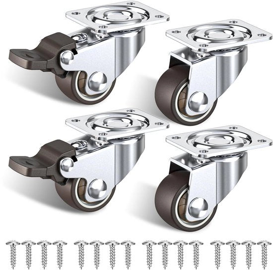 Ruote per mobili piccoli, set di 4 ruote con freni, ruote per mobili piccoli con un carico massimo di 40 kg (2 ruote in gomma con freni e 2 senza)