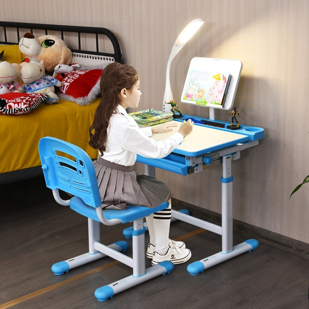 Scrivania per bambini altezza regolabile 54-76cm Set tavolo e sedie bimbi inclinabile con lampada, Blu-Tavoli e sedie