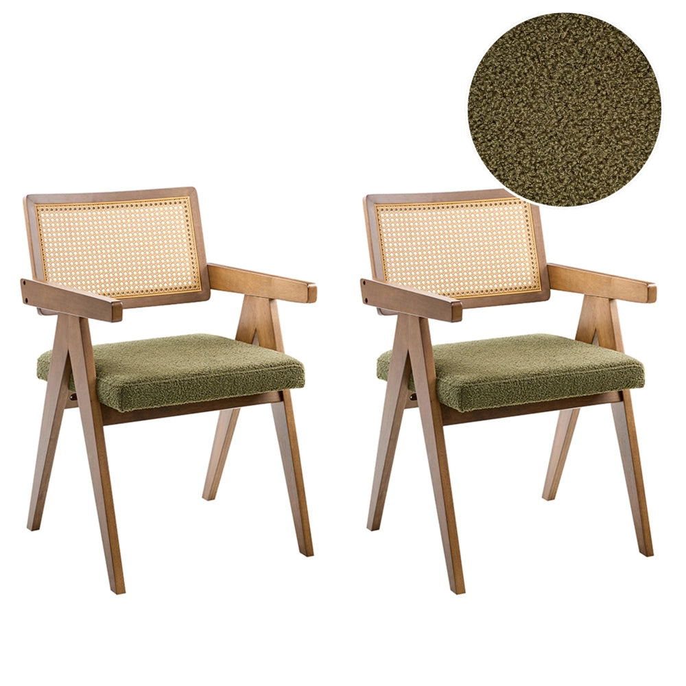 Set di 2 sedie da pranzo marrone e verde con struttura in legno di caucciù e sedile in bouclè Cucina da pranzo retrò