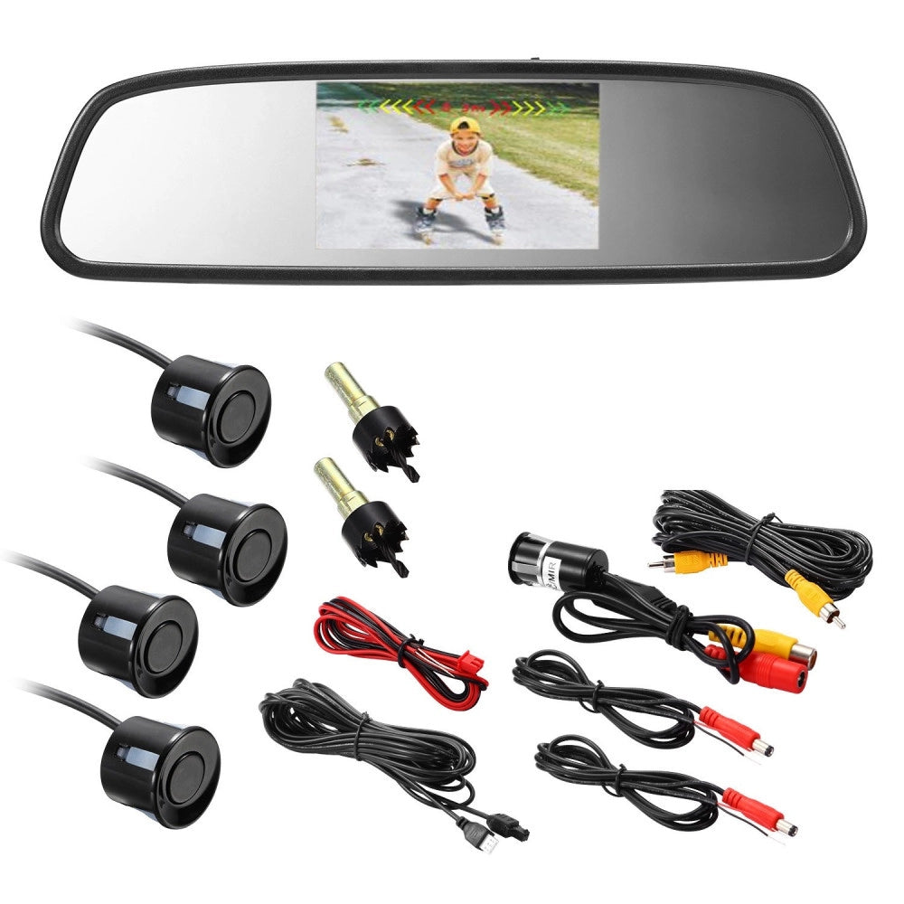 Trade Shop - Kit Parcheggio Auto 4 Sensori Neri Telecamera Retromarcia Specchietto Monitor -