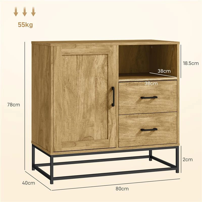 CREDENZA MODERNA CON 2 CASSETTI ARMADIETTO REGOLABILE E RIPIANO APERTO IN LEGNO E ACCIAIO 80X40X78 CM MARRONE