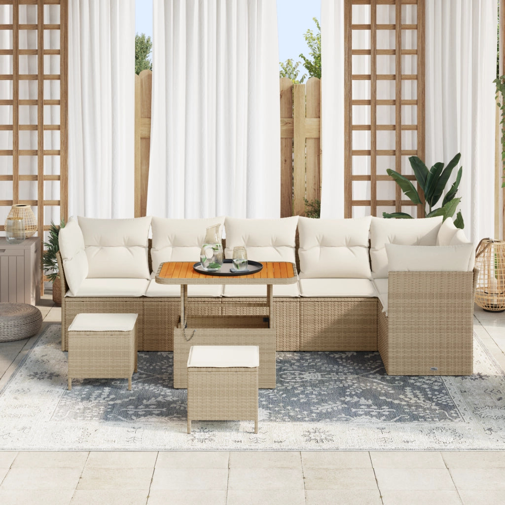 Set di Divani da Giardino 9 Pezzi  con Cuscini Beige in Rattan Sintetico e Acacia