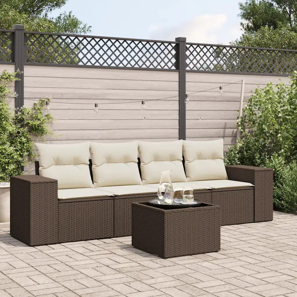 Set Divano da Giardino 5 pz | Set Salotto da Giardino con Cuscini Marrone in Polyrattan