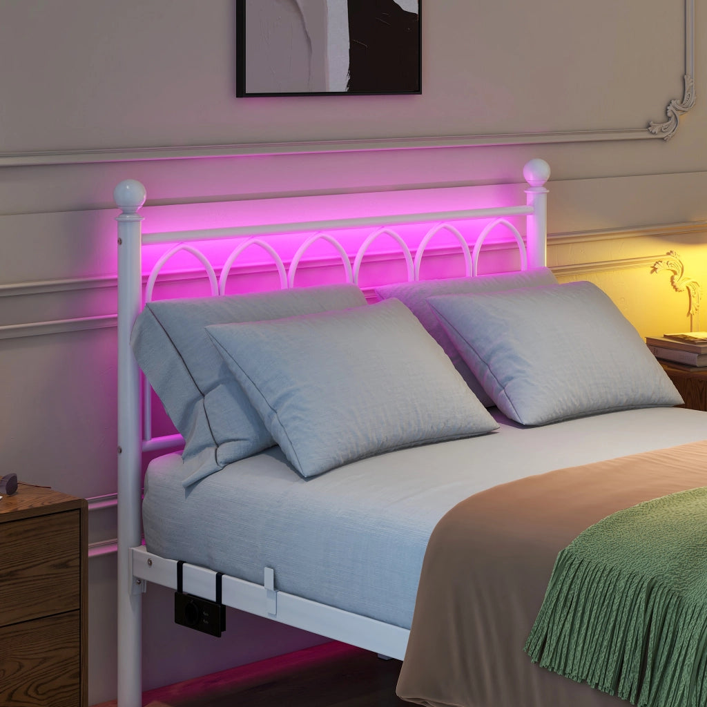 Struttura letto in metallo 120x200 cm con testiera alta, USB, LED e spazio contenitore, bianco