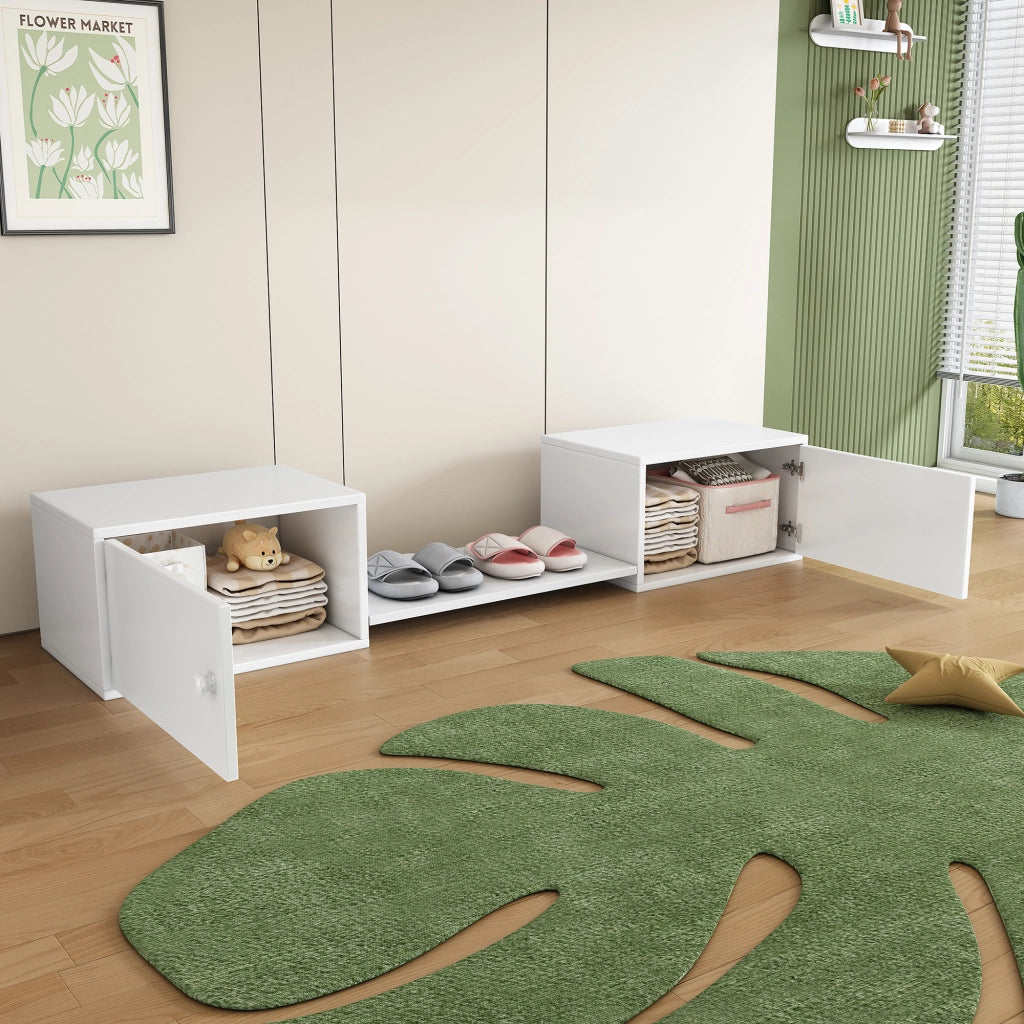 Mobile Porta Scarpe con 2 Ante e Vano Aperto; Panca Ingresso; Stile Classico; in Legno Massello e MDF; 189×40×34;5 cm; Bianco