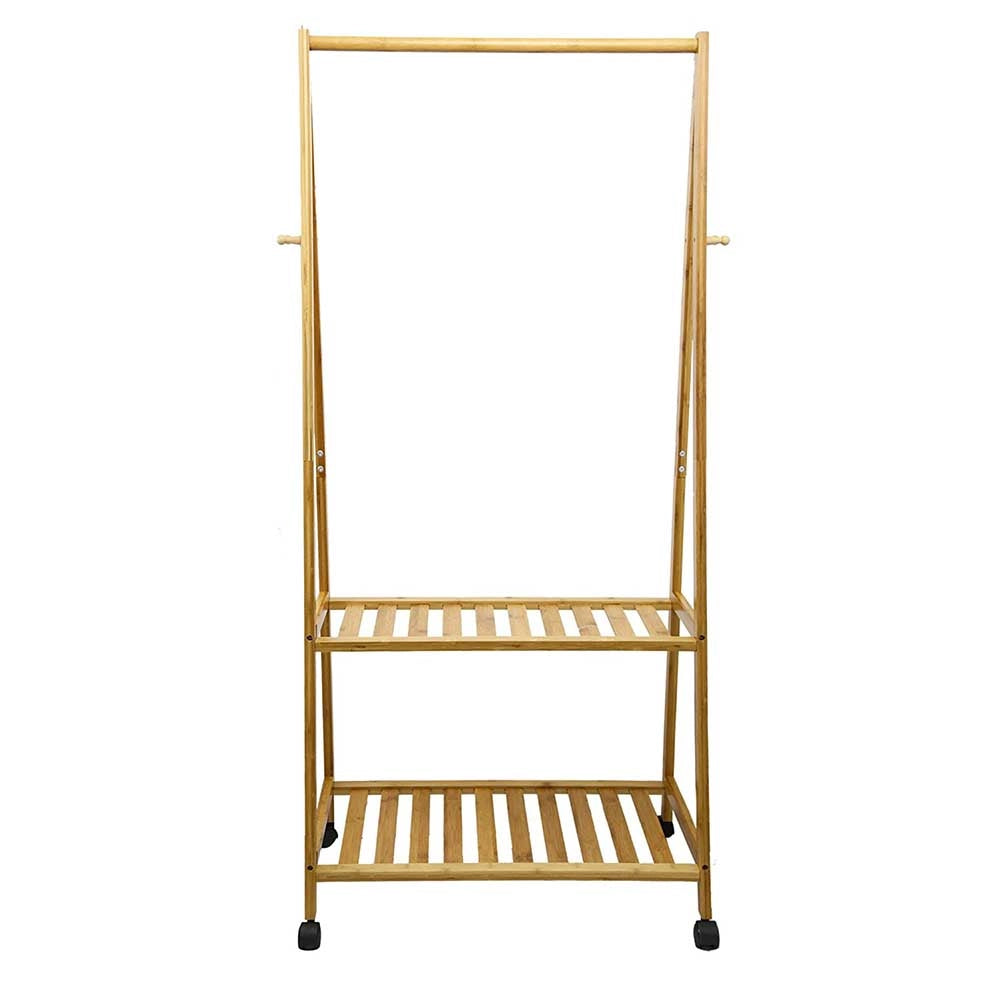 Stand Appendiabiti in Legno di Bambu 70x33x153cm Camera Letto Ruote 2 Ripiani