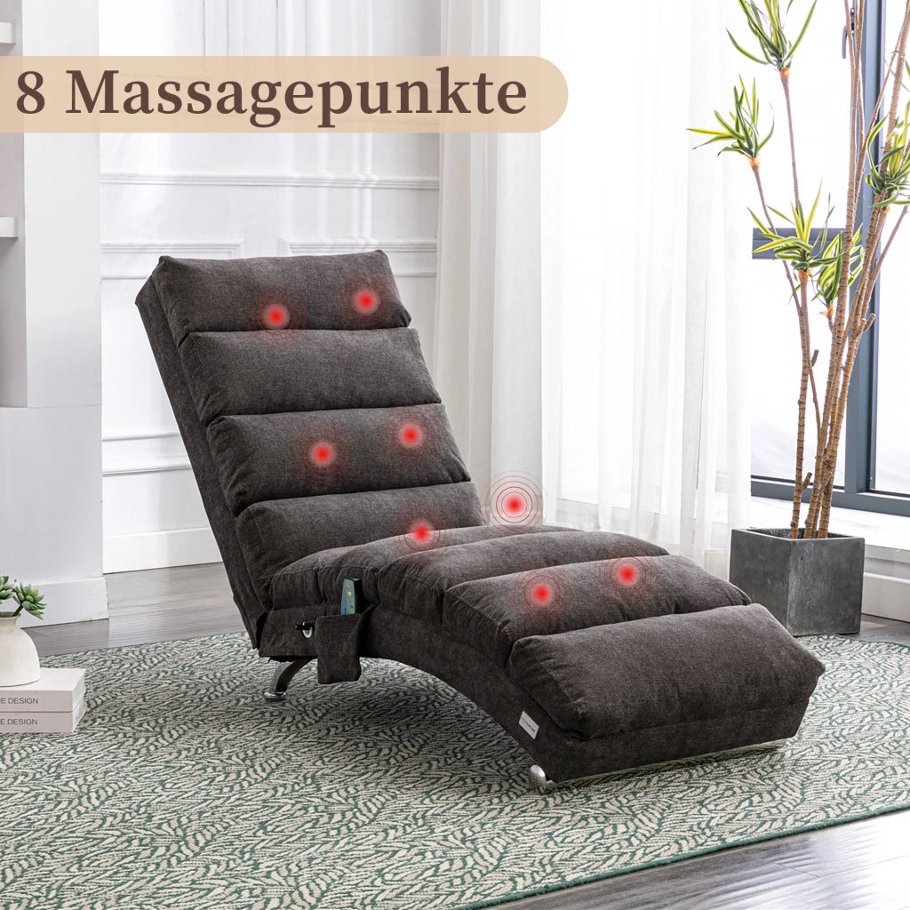 OKWISH Chaise Longue Massaggiante, Schienale Ergonomico 140° con Vibrazione Delicata e Tasca Laterale, Lino Grigio Scuro