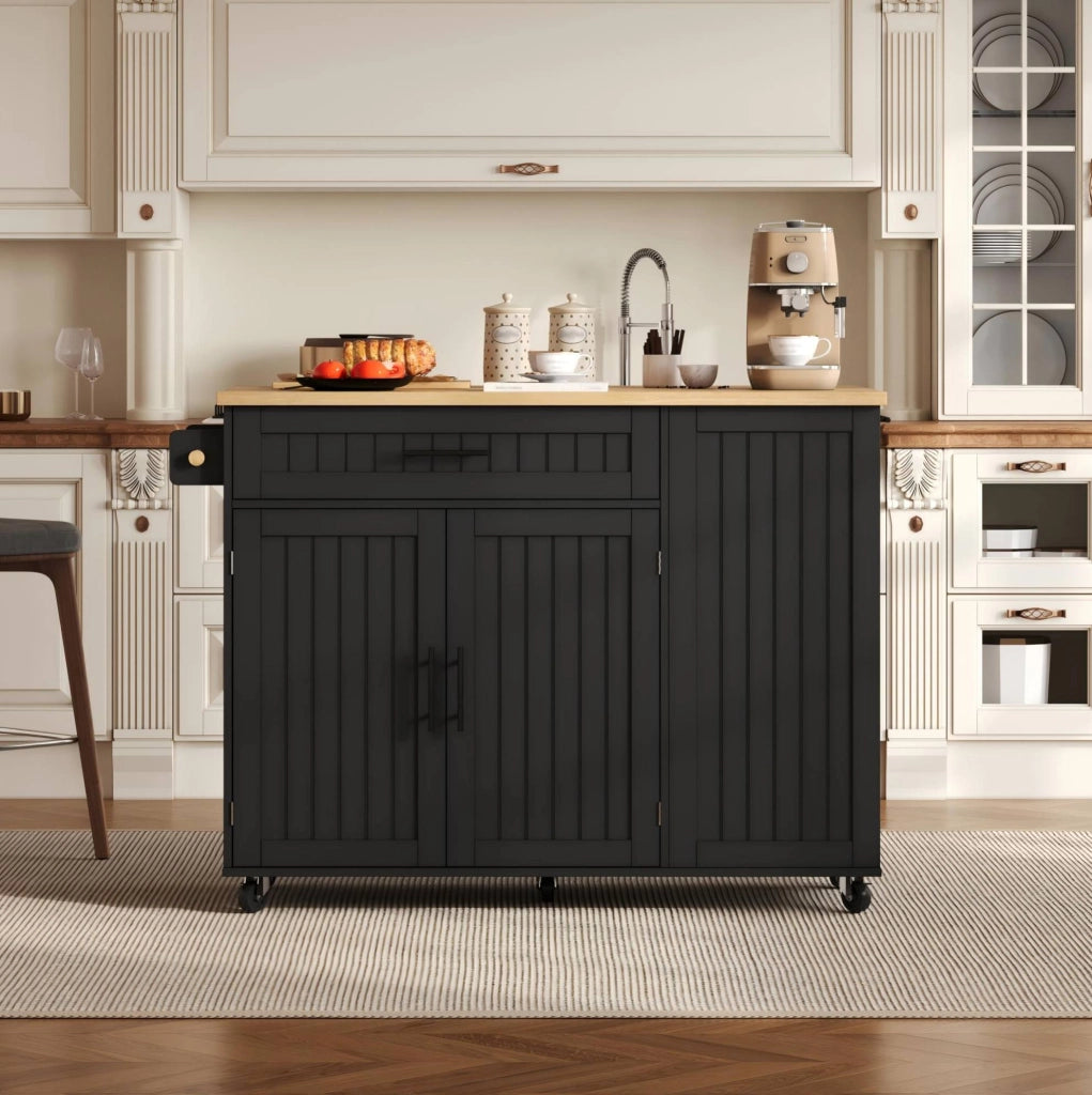 Isola da cucina con piano ribaltabile 130x70x93 cm in MDF nero; carrello con ruote bloccabili