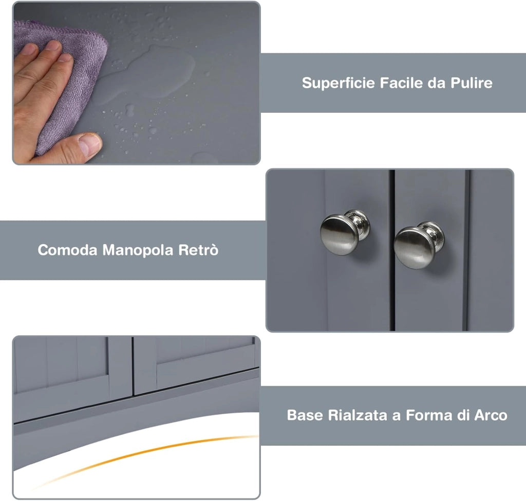Armadietto del bagno con cassetto e mensola, armadio con 2 mensole aperte e 2 ante, armadietto per cucina, ingresso, salone e camera da letto, armadietto in legno (Grigio)