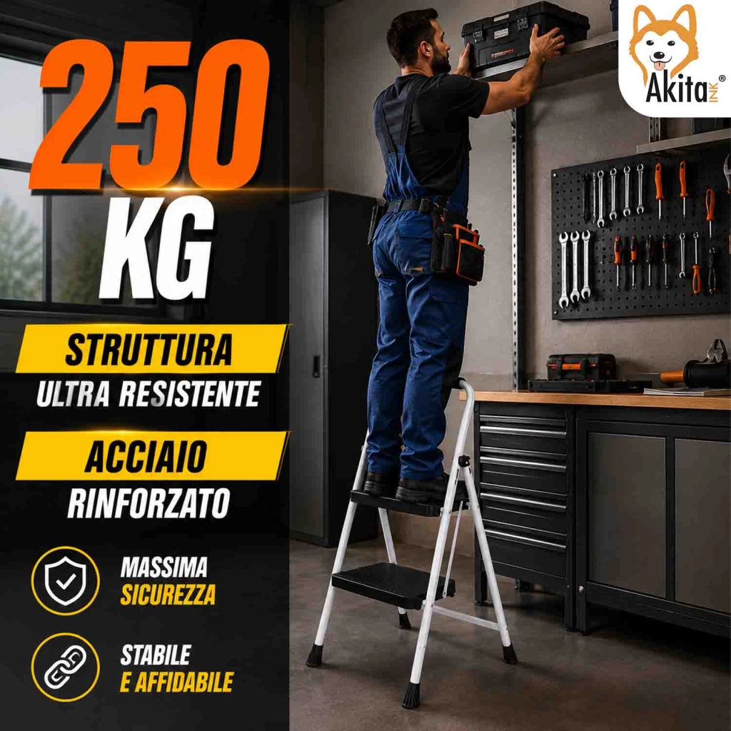 Akitaink Scaletta Acciaio 2 Gradini Pieghevole Bianca 250 Kg