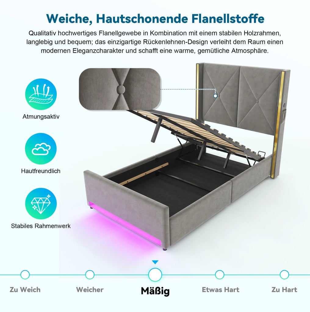 Letto singolo 90x200 in velluto grigio con LED, USB-C e contenitore