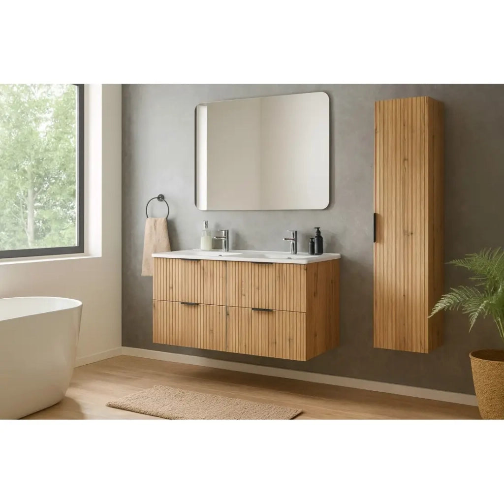 Set da bagno NOXERA 120 cm – Rovere wotan – Mobile sottolavabo con doppio lavabo incassato e sifoni