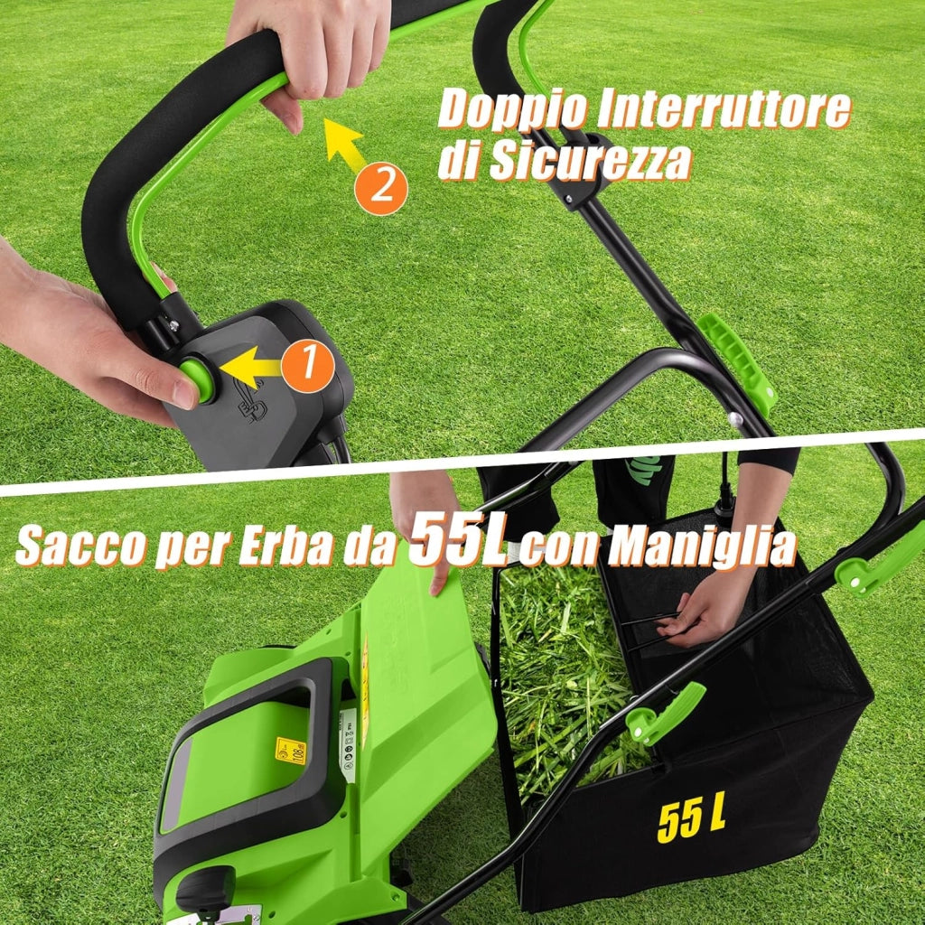 2 in 1 Scarificatore Elettrico, 40 cm, 2000W, 3500rpm, Erbicida Pieghevole con Sacca di Raccolta da 55L, Regolazione Profondità 5 Livelli, Adatto Prato 800 ㎡ (Verde)