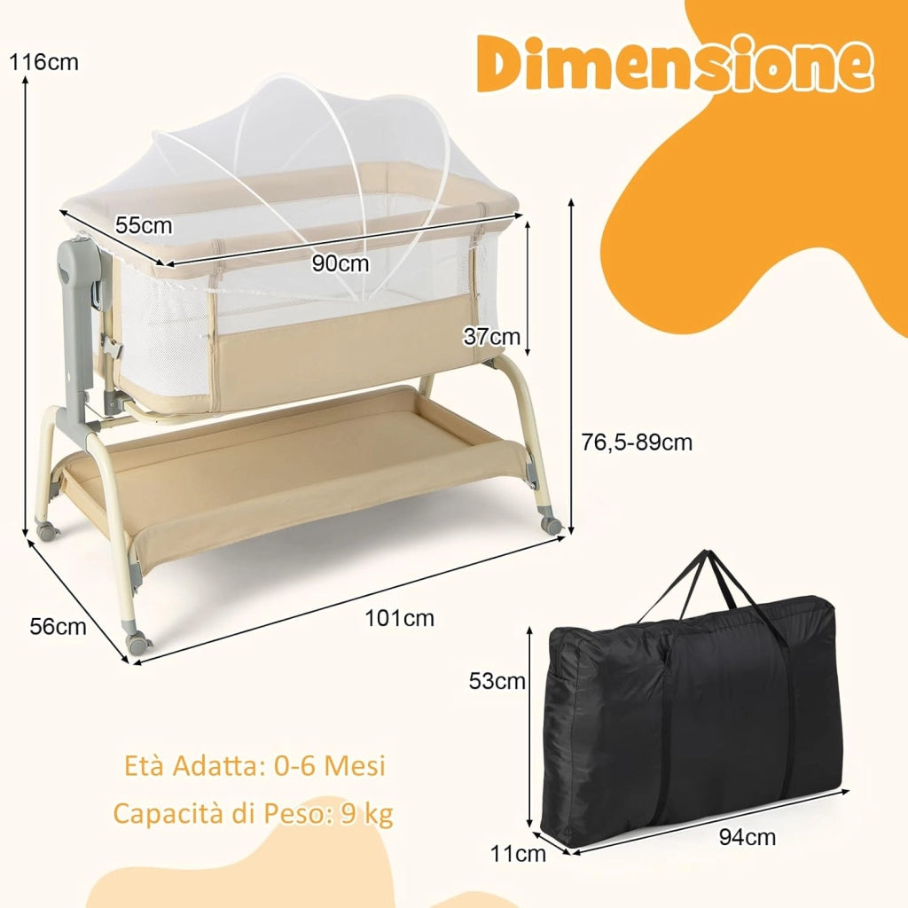 Culla Neonato Fianco 4 in 1, Culla Co-sleeping con Spondina Aperto, Altezza Regolabile, Inclinabile, Materasso Ruote Borsa da Viaggio Zanzariera Inclusi, 0-6 Mesi Fino a 9 kg (Beige)