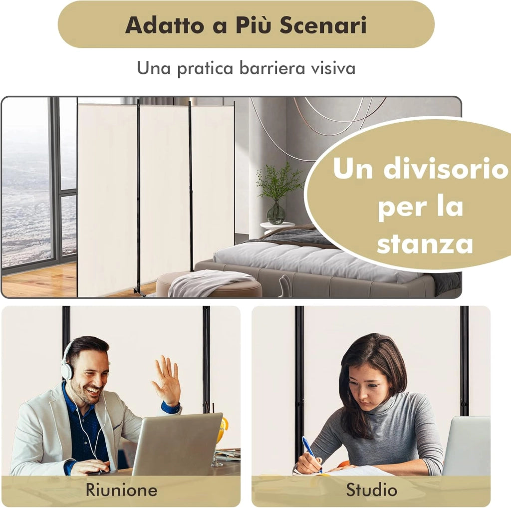 Paravento da Interno in Metallo, Separé Divisorio Interno Pieghevole con Piedini Stabili, Pannelli Divisori per Interni per Casa e Ufficio (Beige, 262 x 180 cm (3 Pannelli con ruote))