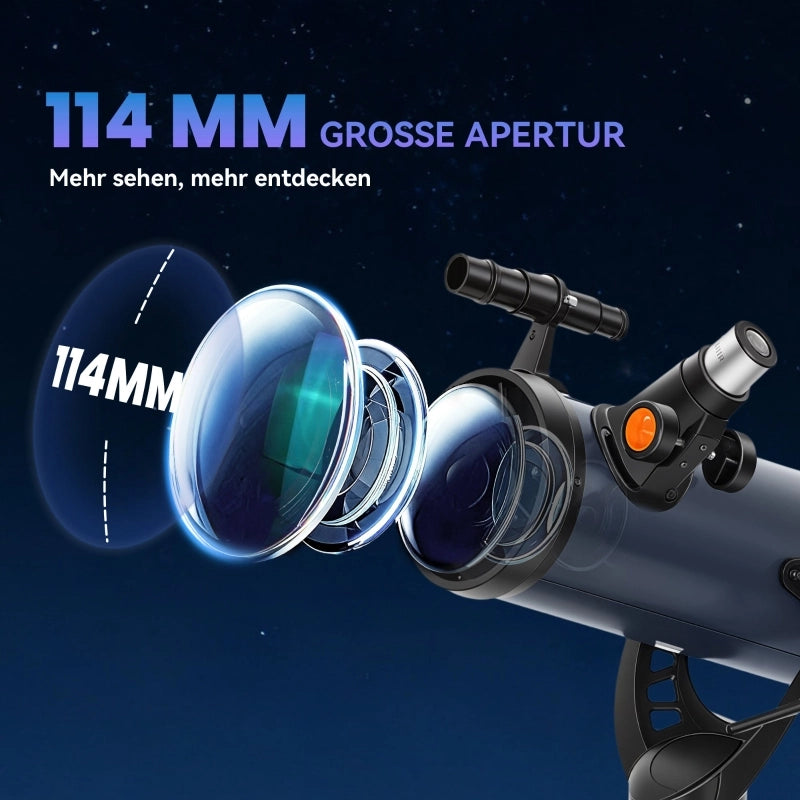 Telescopio riflettore, obiettivo da 114 mm, 2 oculari, cercatore, alluminio, blu scuro