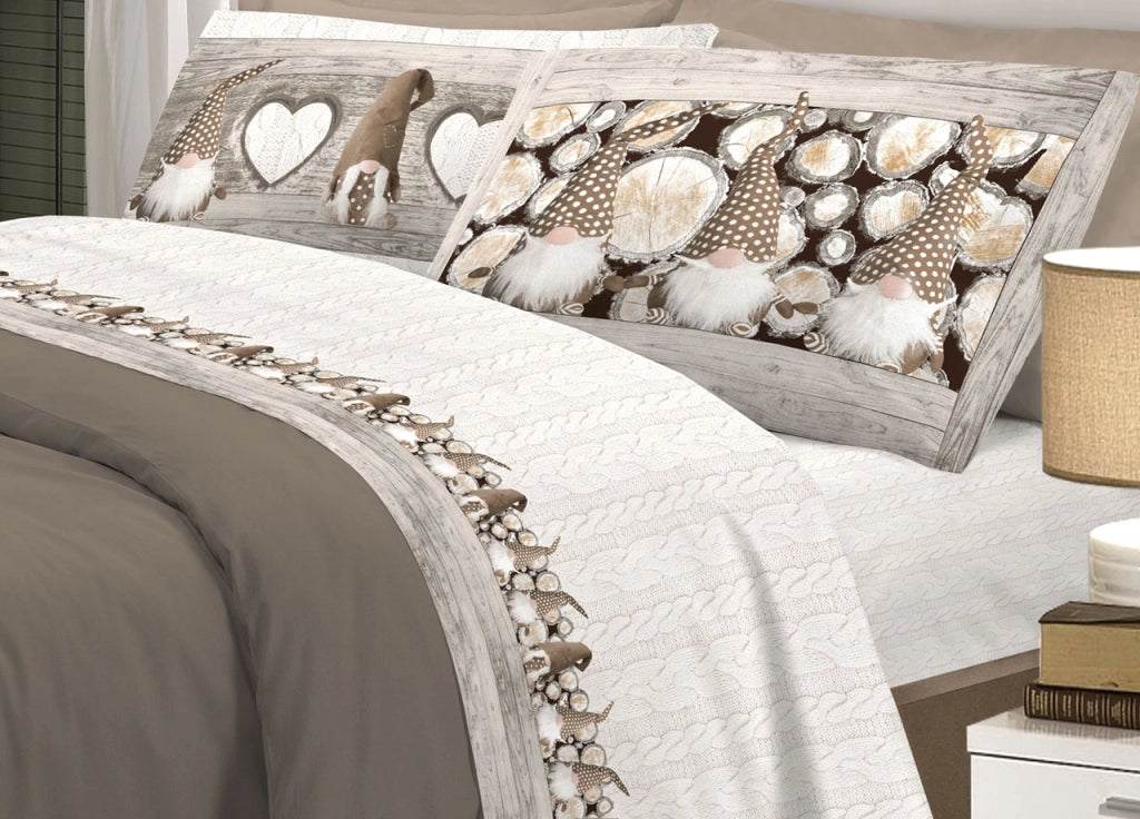 Completo Lenzuola Linea Pensieri Delicati 100% Cotone Disegno Gnomi - Singolo - Beige