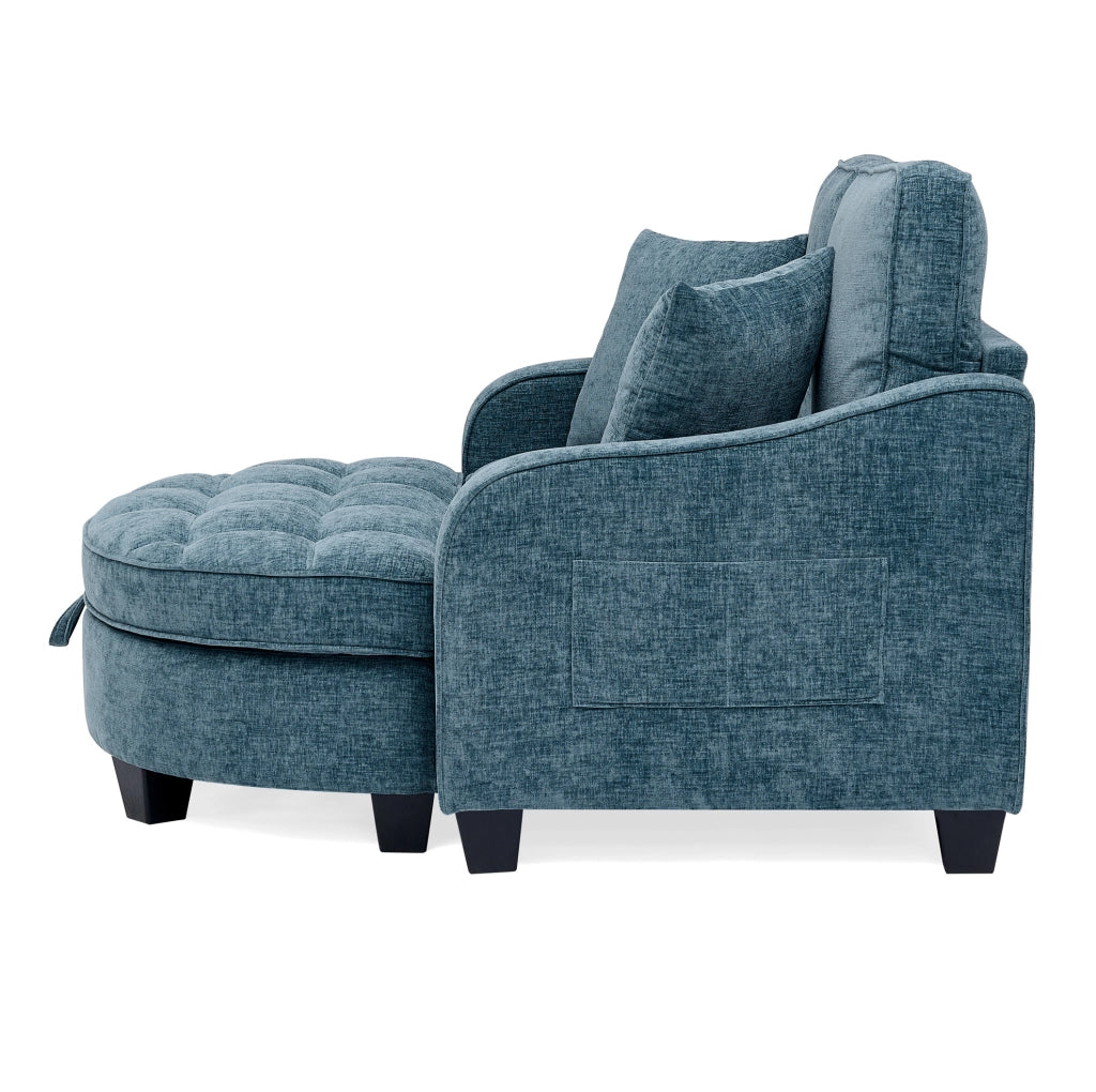 Divano letto 2-in-1 con pouf contenitore 132x129x93 cm; legno di eucalipto blu