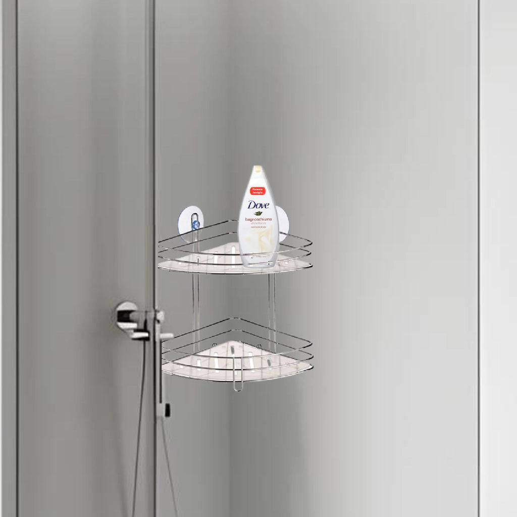 Mensola Angolare Bagno 2Piani Acciaio Cromato Montaggio Fisher o Ventosa 20x20 H26.5cm