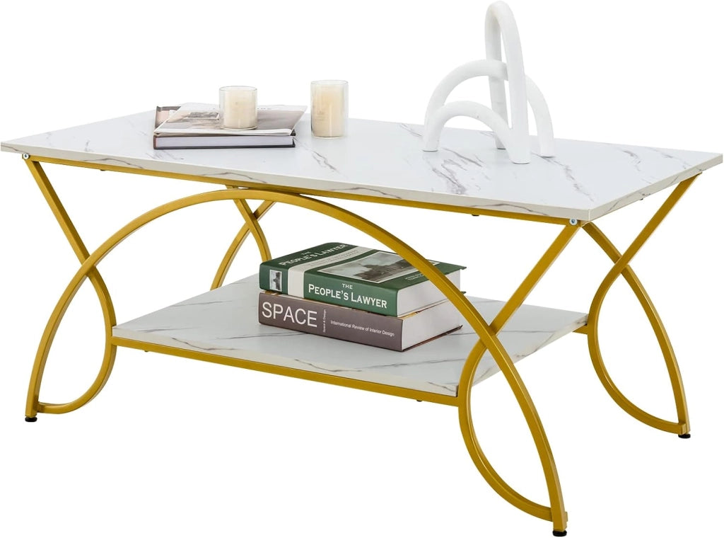 Tavolino da Caffè Oro, Tavolo da Salotto con Gambe in Metallo, Tavolino con Effetto Marmo per Soggiorno, Studio, Camera,110 x 50 x 46 cm (Marrone)
