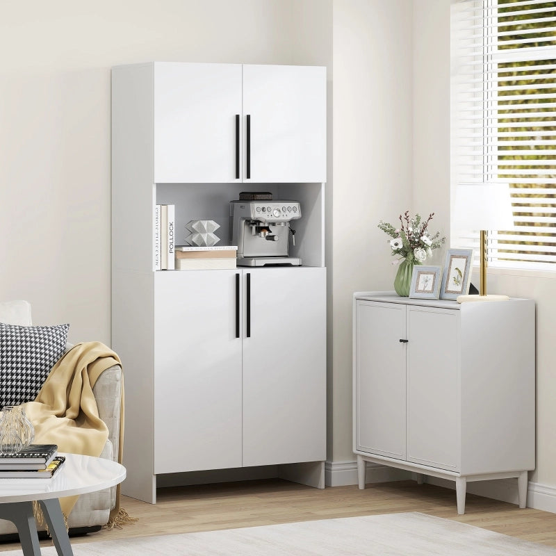 Credenza alta con 2 ante e piano d'appoggio per microonde, in legno, bianco, per cucina e soggiorno, 79 × 40 × 175 cm