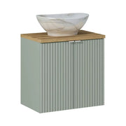 Insieme ELVINA 60cm: mobile sotto lavabo con armadietti in verde salvia grigio + piano per lavabo in aspetto legno scuro + lavabo da appoggio marmoreo