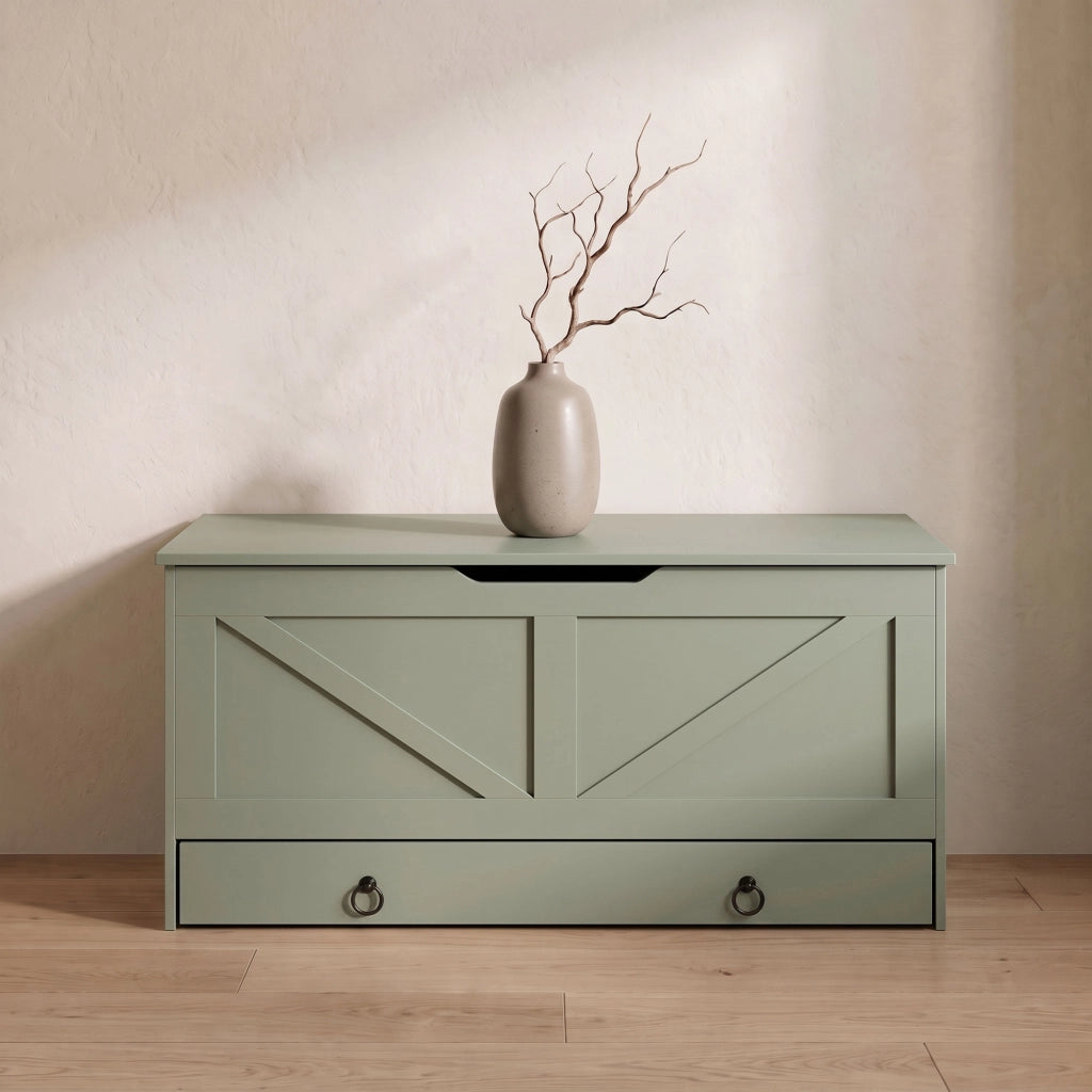 Kura - Cassapanca contenitore 100x50x40 cm Portaoggetti con Cerniere di Sicurezza e con Cassettiera in Legno Salvia