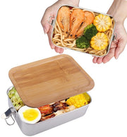 Lunchbox per adulti, con coperchio in legno, 1400 ml, RVS, BPA-free, per picnic, viaggio, grande contenitore