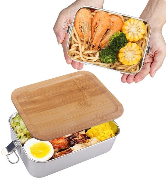 Lunchbox per adulti, con coperchio in legno, 1400 ml, RVS, BPA-free, per picnic, viaggio, grande contenitore