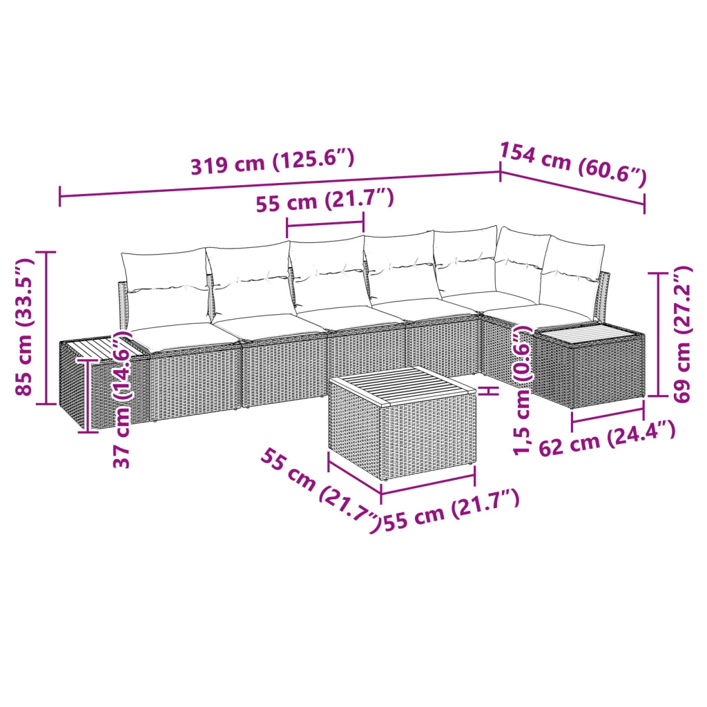 Set divani giardino 7 pezzi con cuscini beige in polyrattan e acacia