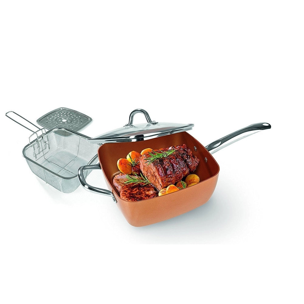 Trade Shop - Pentola Quadrata 4 In 1 Casseruola Da Forno E Friggitrice Con Coperchio In Vetro -