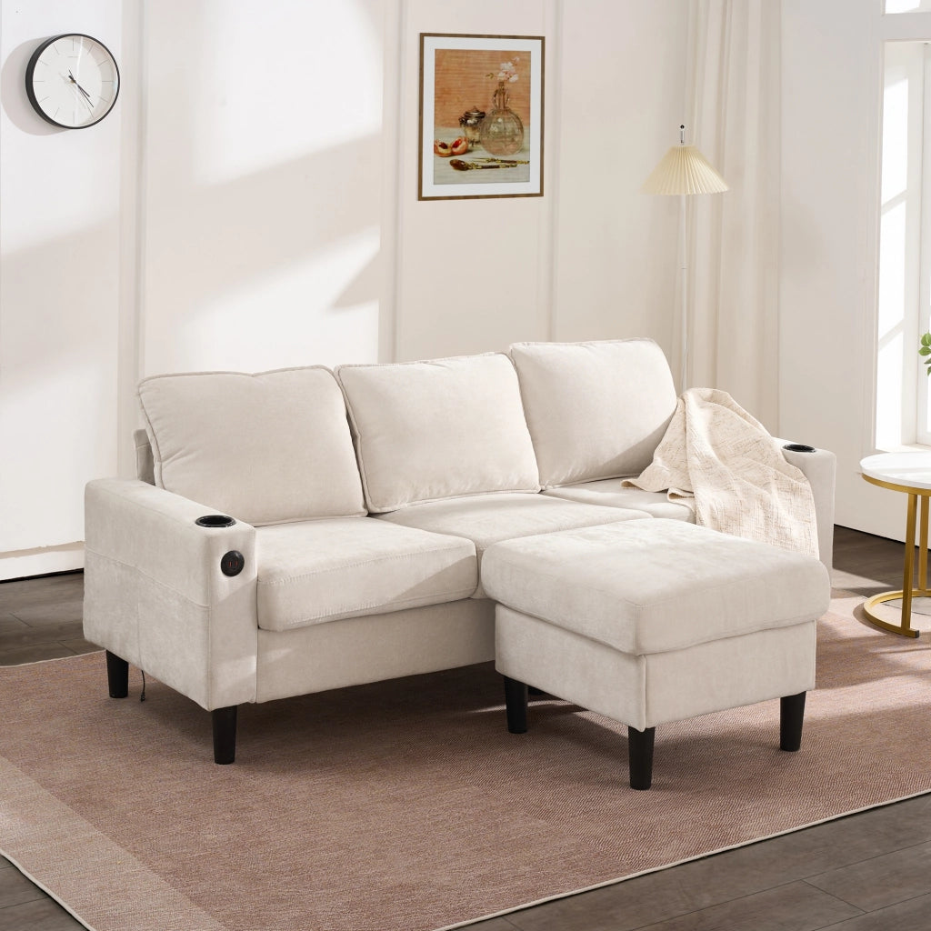 Divano 3 Posti Beige a Forma di L in Lino con Pouf e Porte USB
