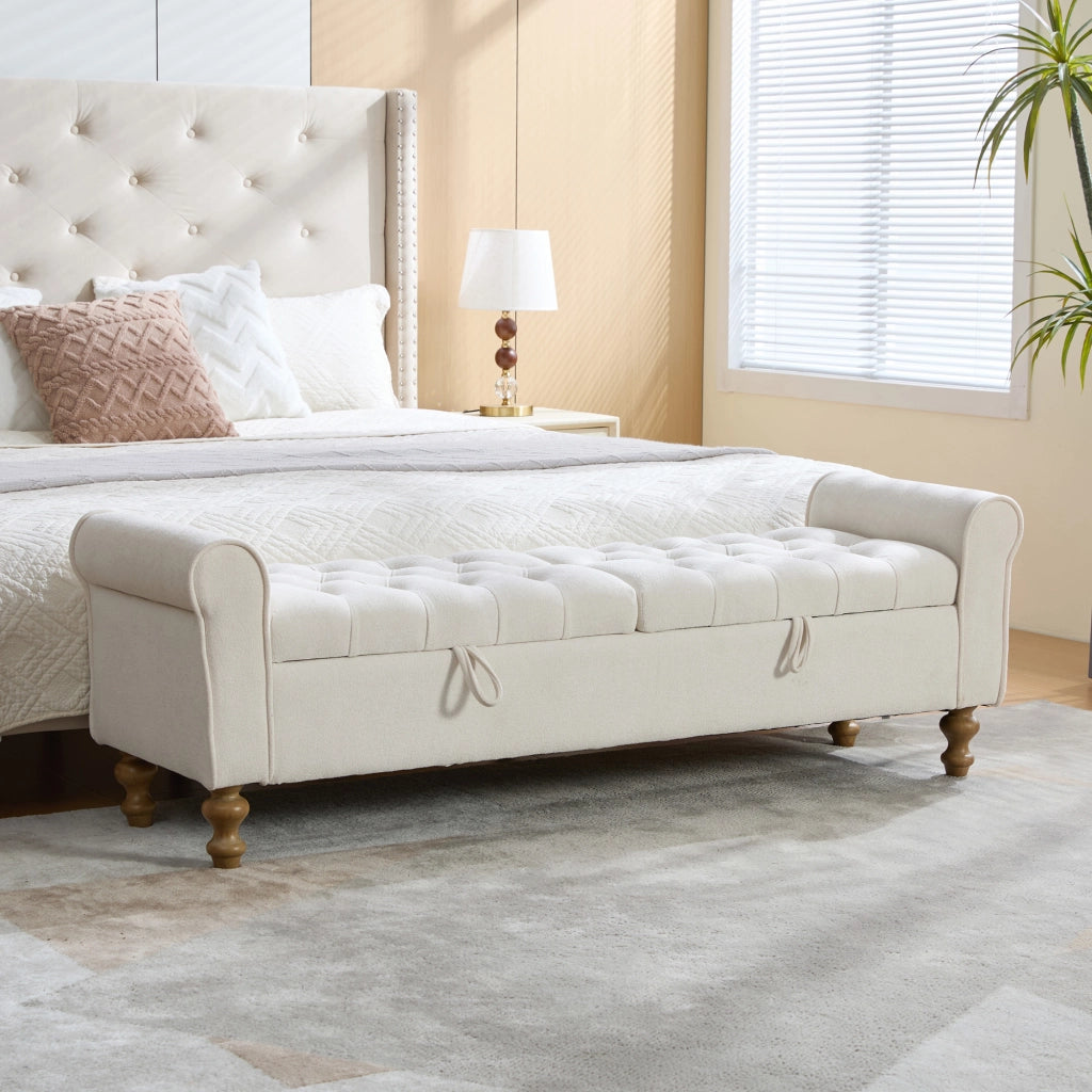 Panca contenitore con due coperchi e braccioli arrotolati in ciniglia beige