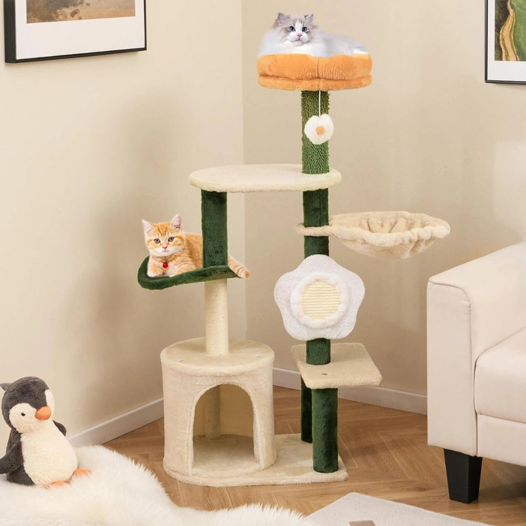Albero per gatti a forma di fiore per interni con torre in morbido peluche, Versatile centro attivit¨¤ con posto grattare in sisal-Alberi Tiragraffi