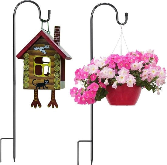Due paia di ganci per giardino in nero per alimentatori per uccelli con asta regolabile per giardini, ganci per appendere vasi, luci e lanterne