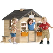 Casetta Bimbi 3-7 Anni a 2 Finestre con Portavasi e Panchina, in Legno di Abete e PP, 113Lx94x134.5 cm