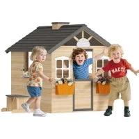 Casetta Bimbi 3-7 Anni a 2 Finestre con Portavasi e Panchina, in Legno di Abete e PP, 113Lx94x134.5 cm