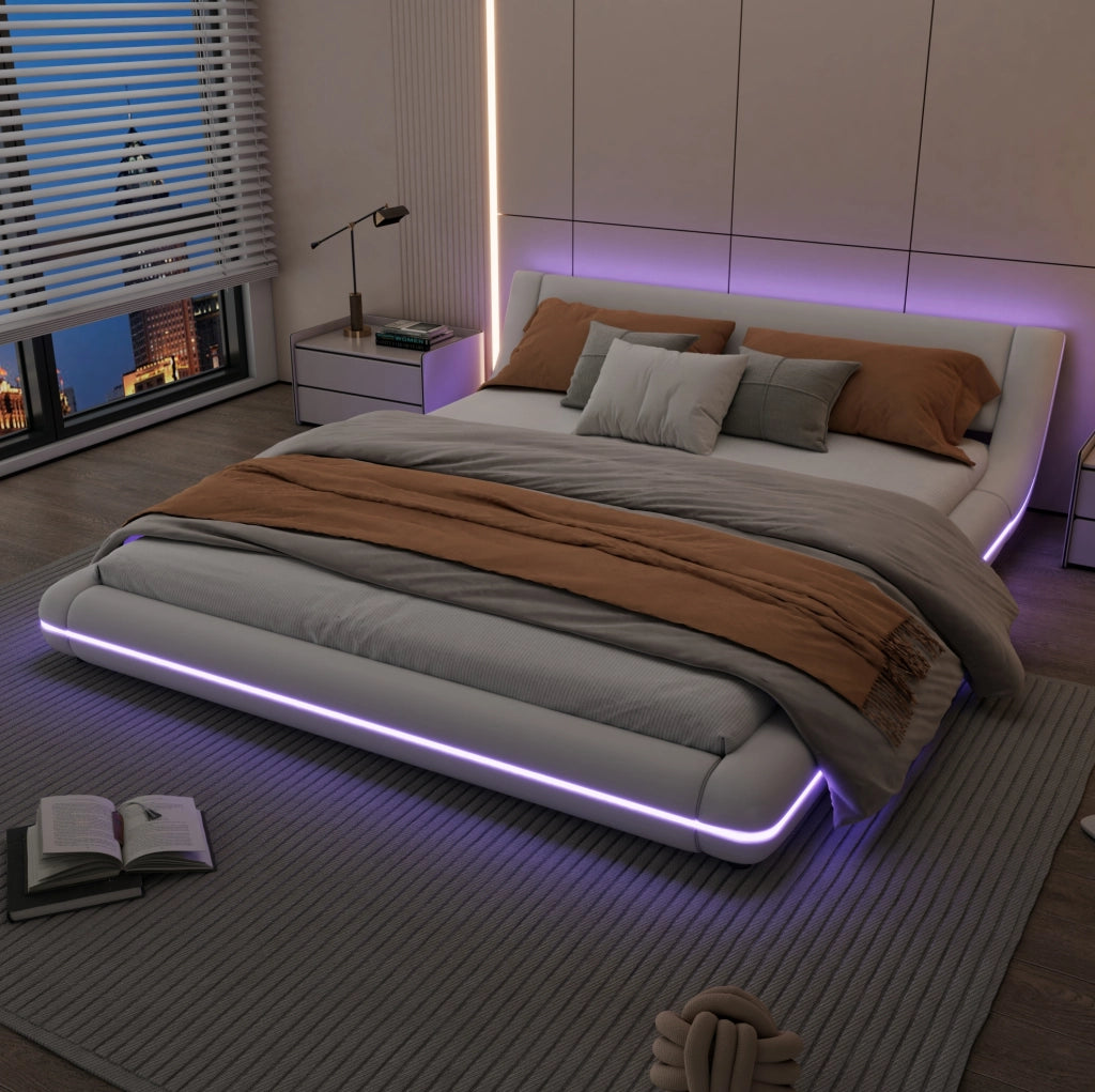 Letto a pavimento 160x200 cm con LED e struttura bianca