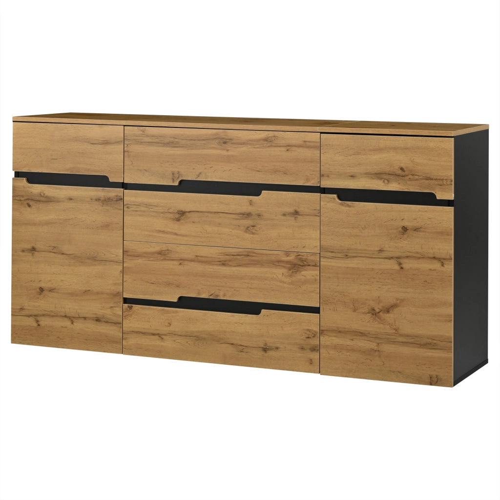 Credenza e madia con 2 ante e 4 cassetti, per soggiorno, in truciolato, color legno e nero, 160 × 40 × 80 cm