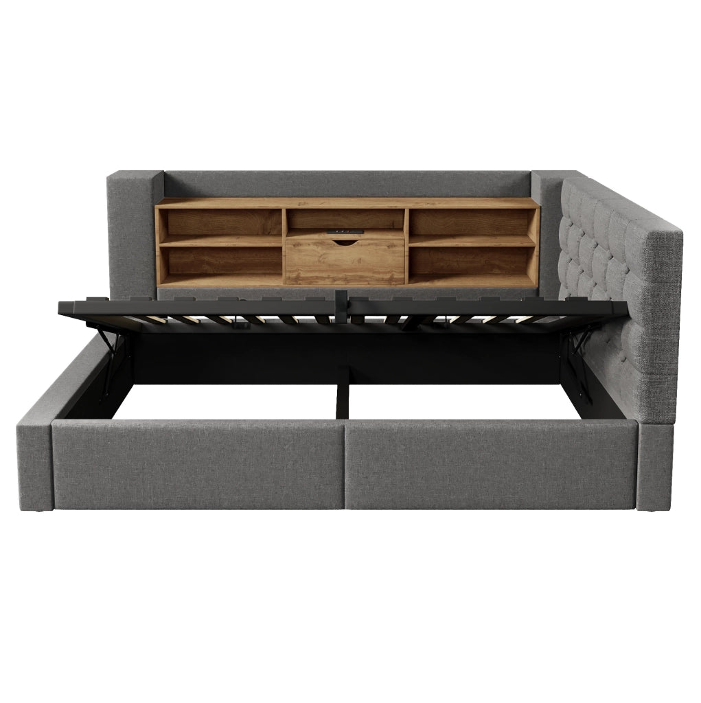 Letto singolo imbottito 90x200 cm con LED; vano contenitore idraulico; USB; lino grigio