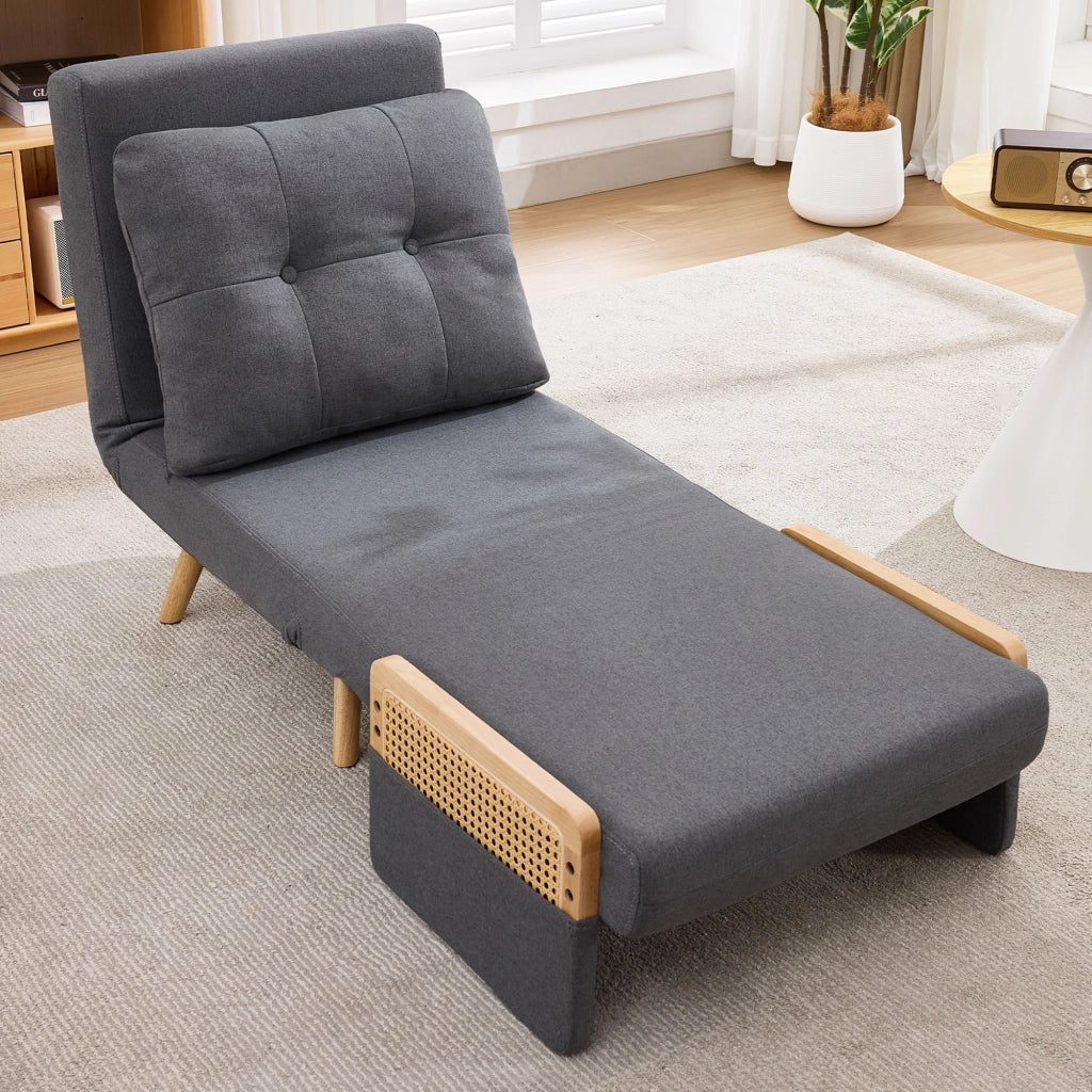 Poltrona letto 3 in 1 in tessuto lino grigio con schienale regolabile e braccioli in rattan