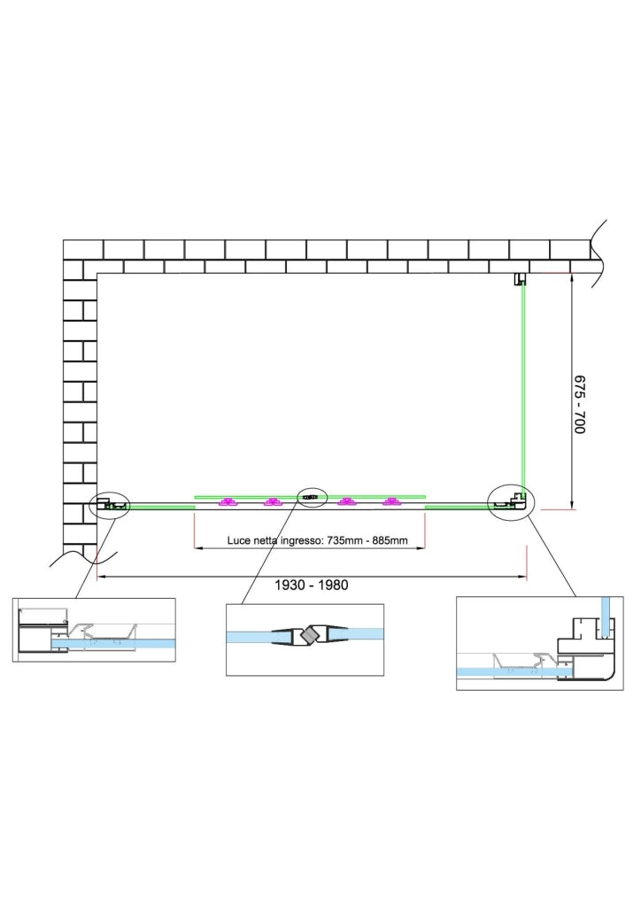 Box doccia 6 mm H 190 parete fissa e porta a 4 ante con apertura centrale MISURA 67,5-70 ANTA FISSA + PORTA 193-198