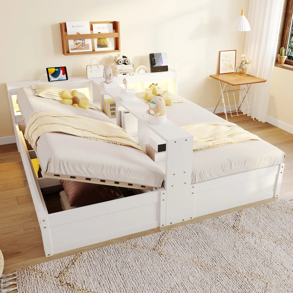 Letto salvaspazio matrimoniale 90×200 cm e 180×200 cm con prese e LED; contenitore; senza materasso; MDF; bianco