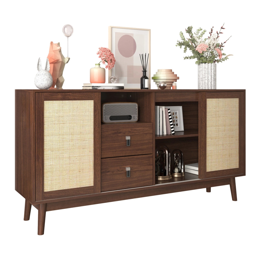 Sideboard 155x38x80 cm con 3 ante scorrevoli in rattan e 2 cassetti